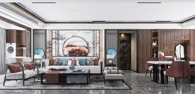 新中式客餐厅 沙发茶几组合 沙发背景墙 餐厅 西餐台 单椅 餐桌椅 吊灯